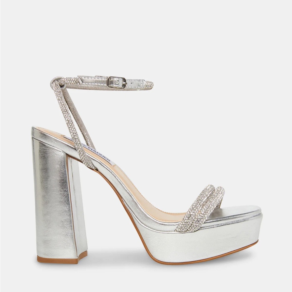 Steve Madden Lofty Metallic Silver Block Platform Heels (Brand New)